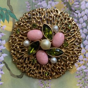 Large Sarah Conventry Brooch with Faux Pearl, Cabochons and Rhinestone